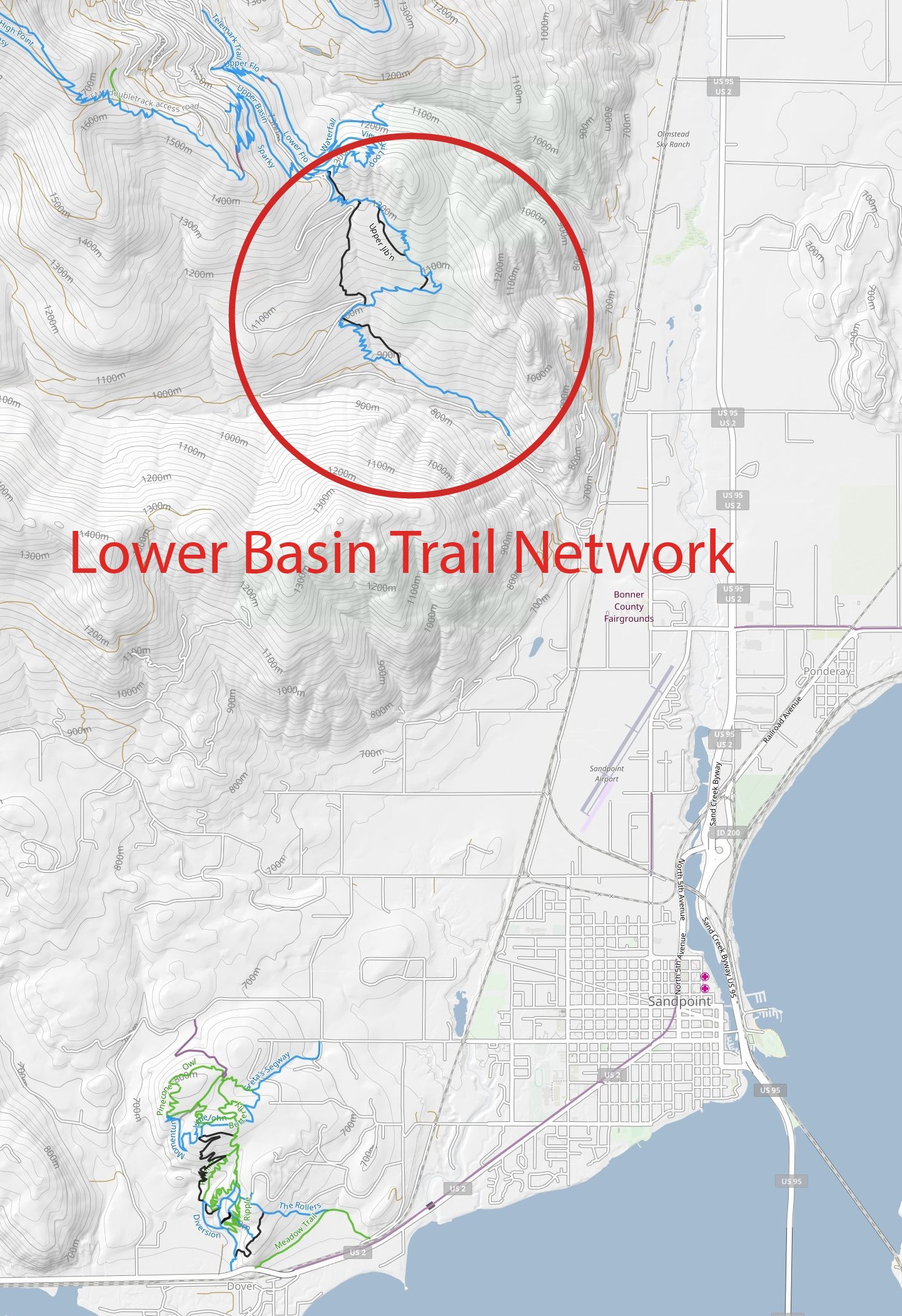 Lower Basin Trail Network lies 3 miles north of downtown Sandpoint