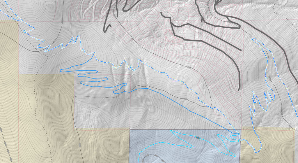 The rerouted trail stays on property owned by SMP. BLM is in yellow, City of Sandpoint in blue.
